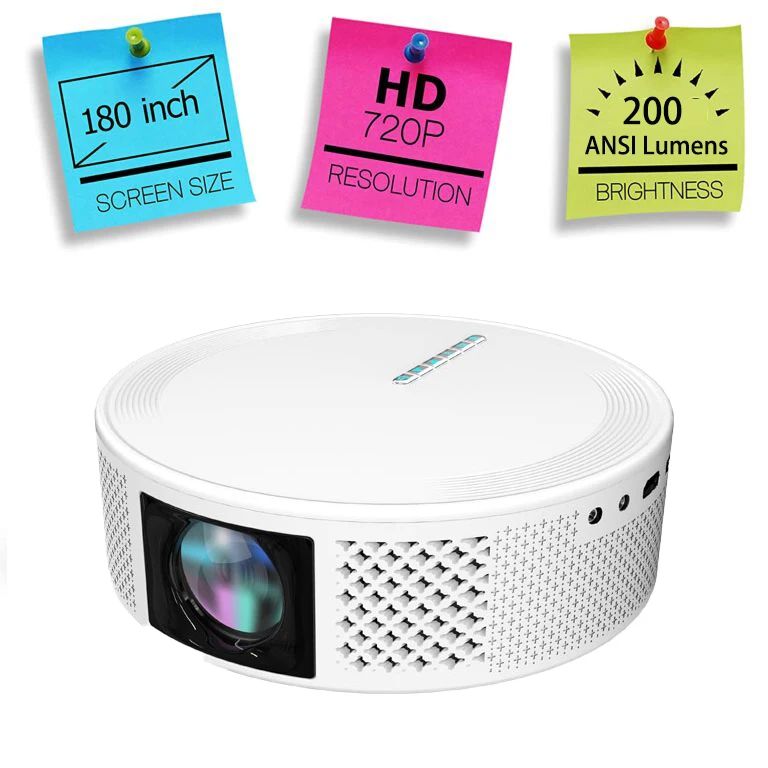 Proyector de películas redondo y duradero pequeño, LED para el hogar, mini HD Proyector Android